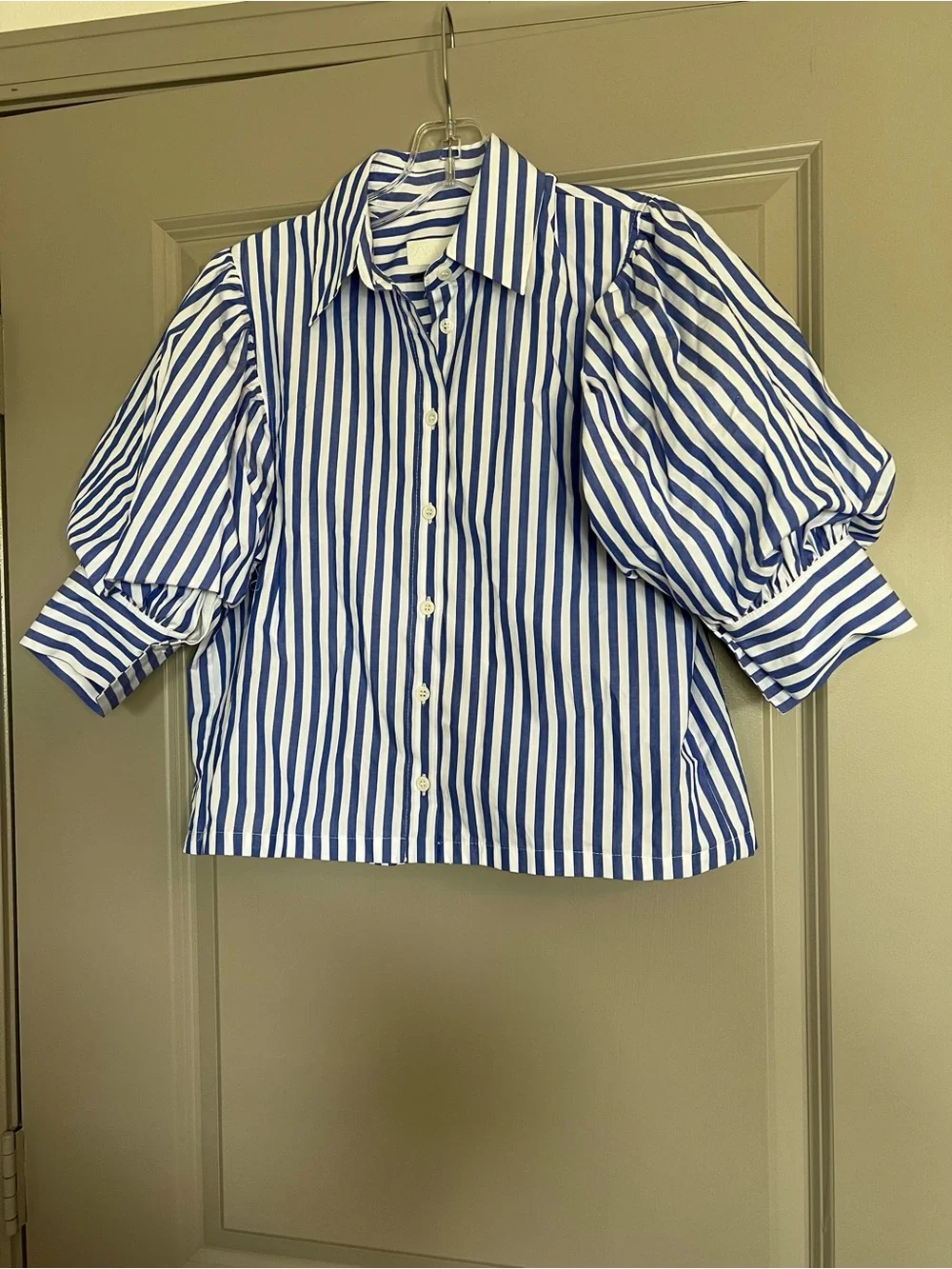 Zara Poplin Balloon Sleeve Shirt Blue and White Stripes XS NWT